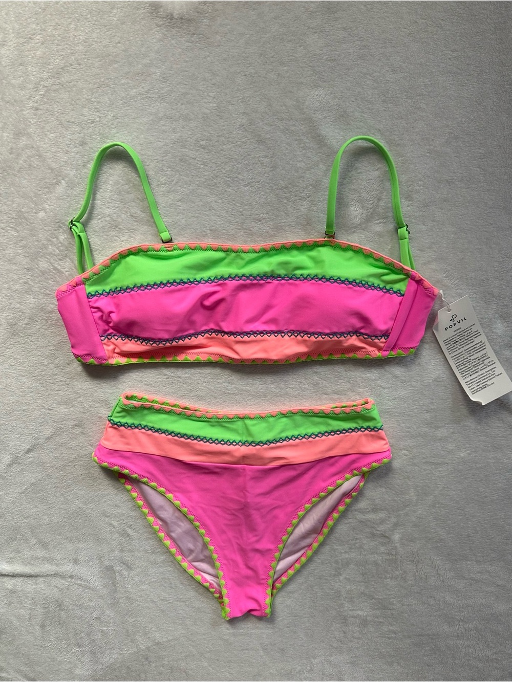 Popvil Neon Bikini Pink Green Orange Size Small Bandeau High Waisted Summer